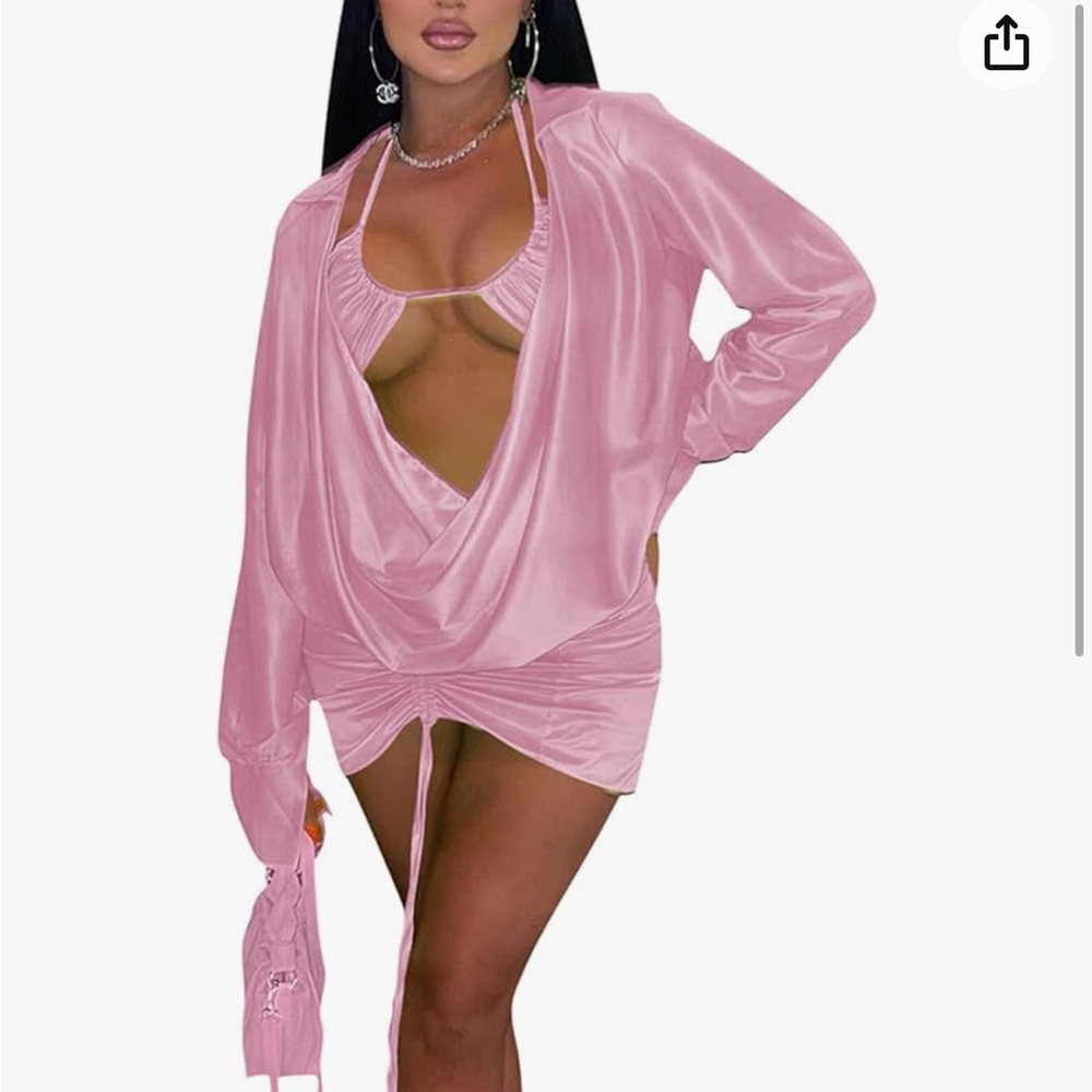 Pink Satin 3 Piece Skirt Set (Bra, Skirt, and top) Size Large
